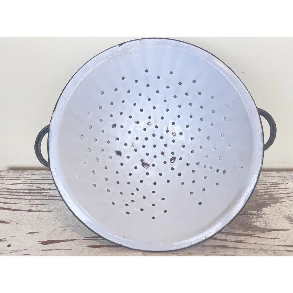 Vintage Enamelware Rustic Colander Strainer Robin’s Egg Blue Made In Poland 13”